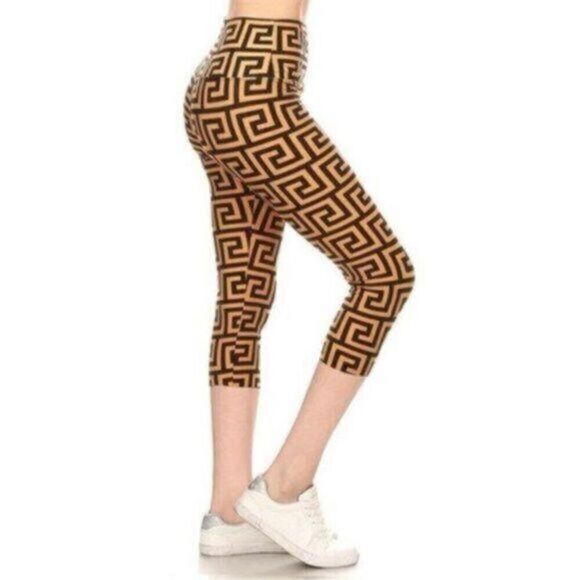 NWT - Black & Tan Grecian Print Wide Band Capri Yoga Style Leggings - OS (6-12) - Picture 1 of 2